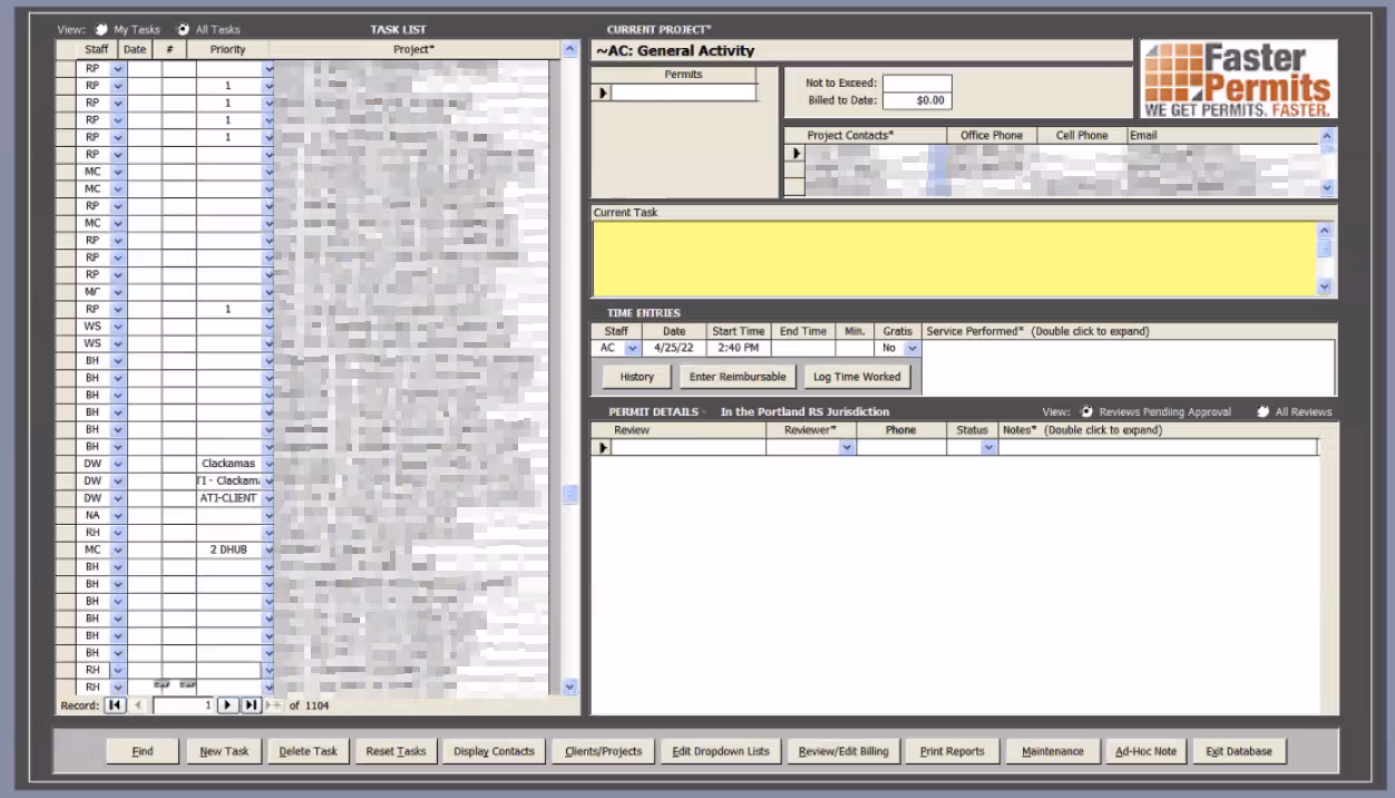 Full-screen legacy task list — the dense MS Access interface with thousands of active records.